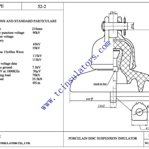 ANSI 52-2 insulator dimensional drawing 190mm diameter 146mm spacing