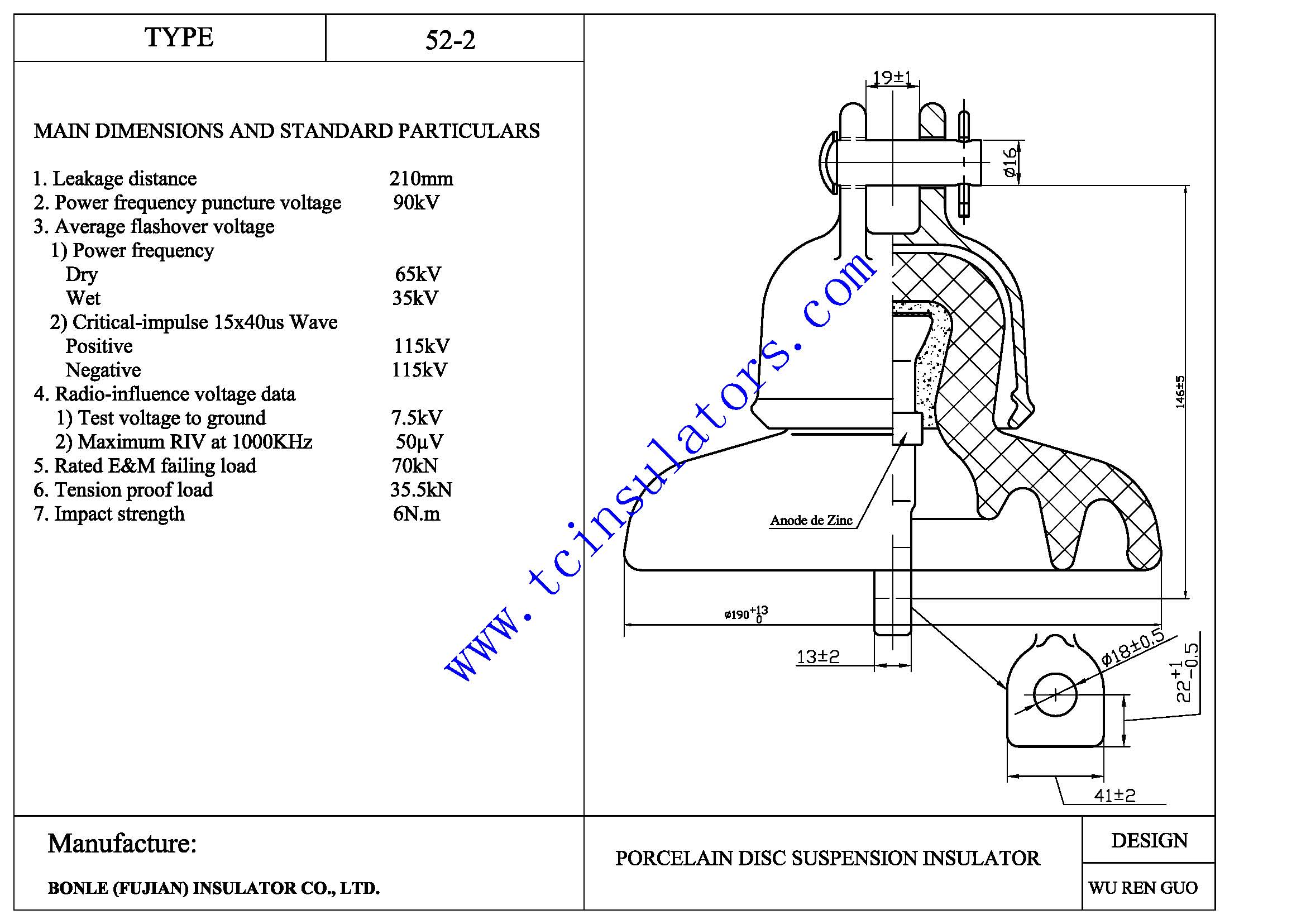 ANSI 52-2 zinc sleeve tcs ANSI 52-2 insulator dimensional drawing 190mm diameter 146mm spacing