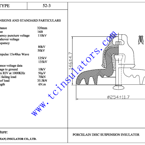 ANSI 52-3 insulator dimensional drawing 254mm diameter 146mm spacing