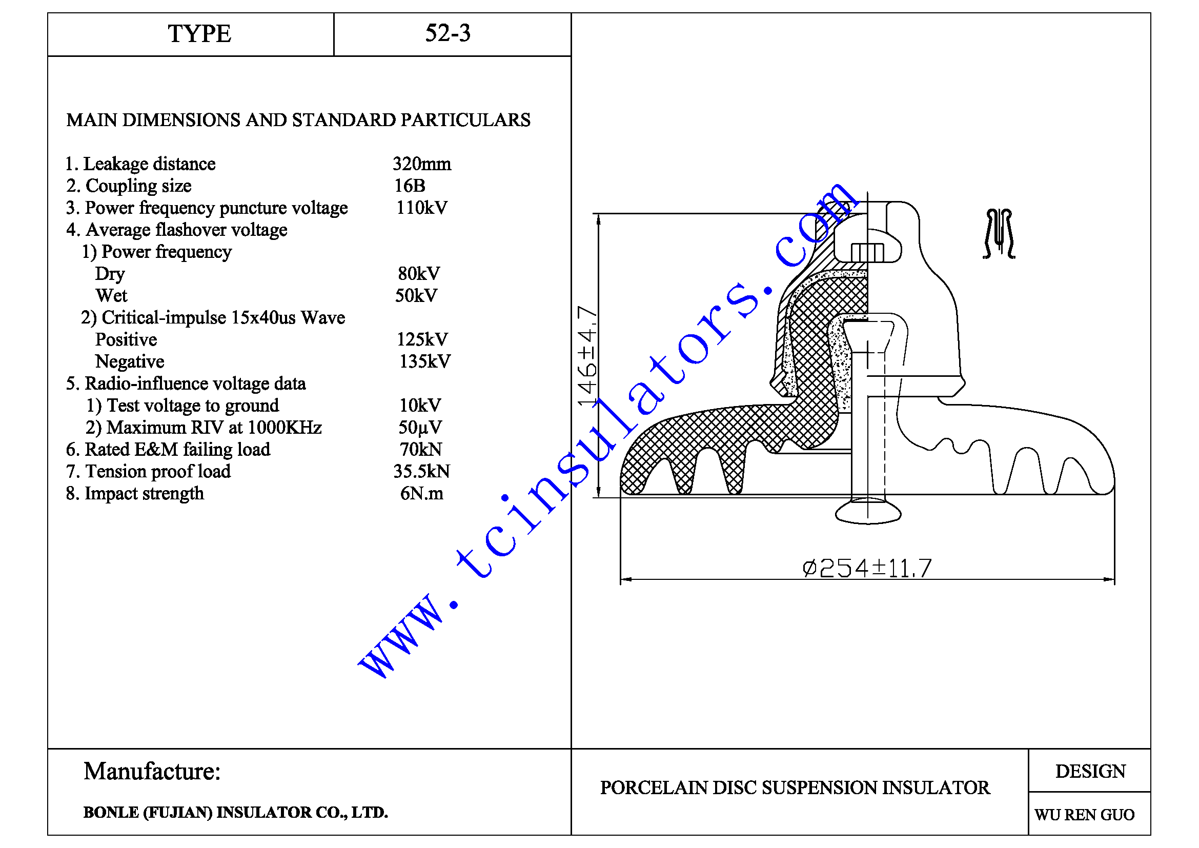 52-3 320 BLFJ ANSI 52-3 insulator dimensional drawing 254mm diameter 146mm spacing